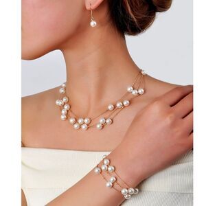 4 pc Pearl Station Necklace Bracelet & Drop Earrings Set Gold Chain Pendant New